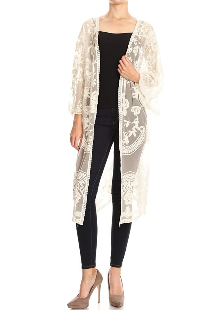 Anna-Kaci Floral Crochet Lace Cardigan for Women Beach Cover Ups Dress Kimono, Beige, OneSize - Image 1